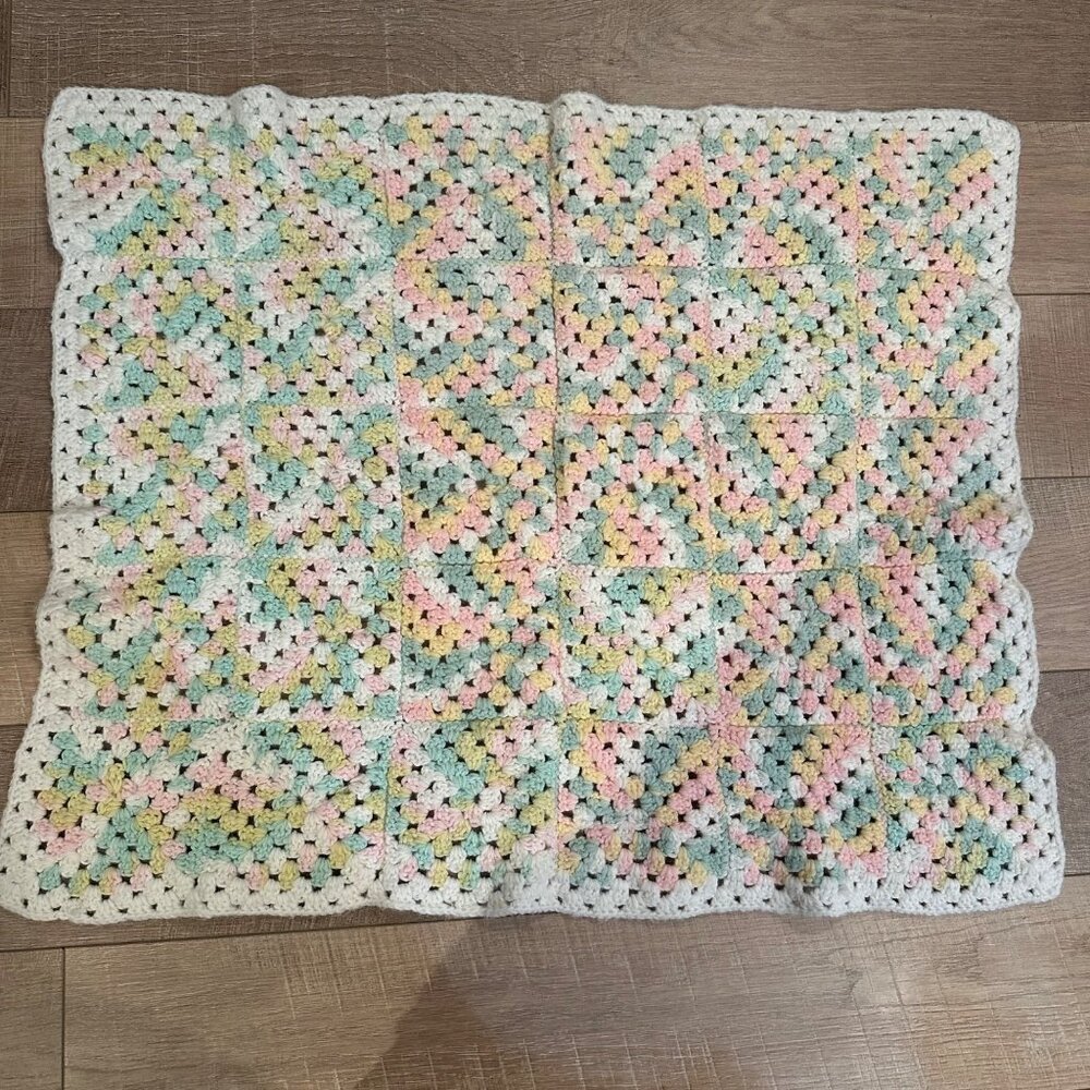 HAND CRAFTED 27" X 36" GREEN PINK YELLOW BABY BLANKET
